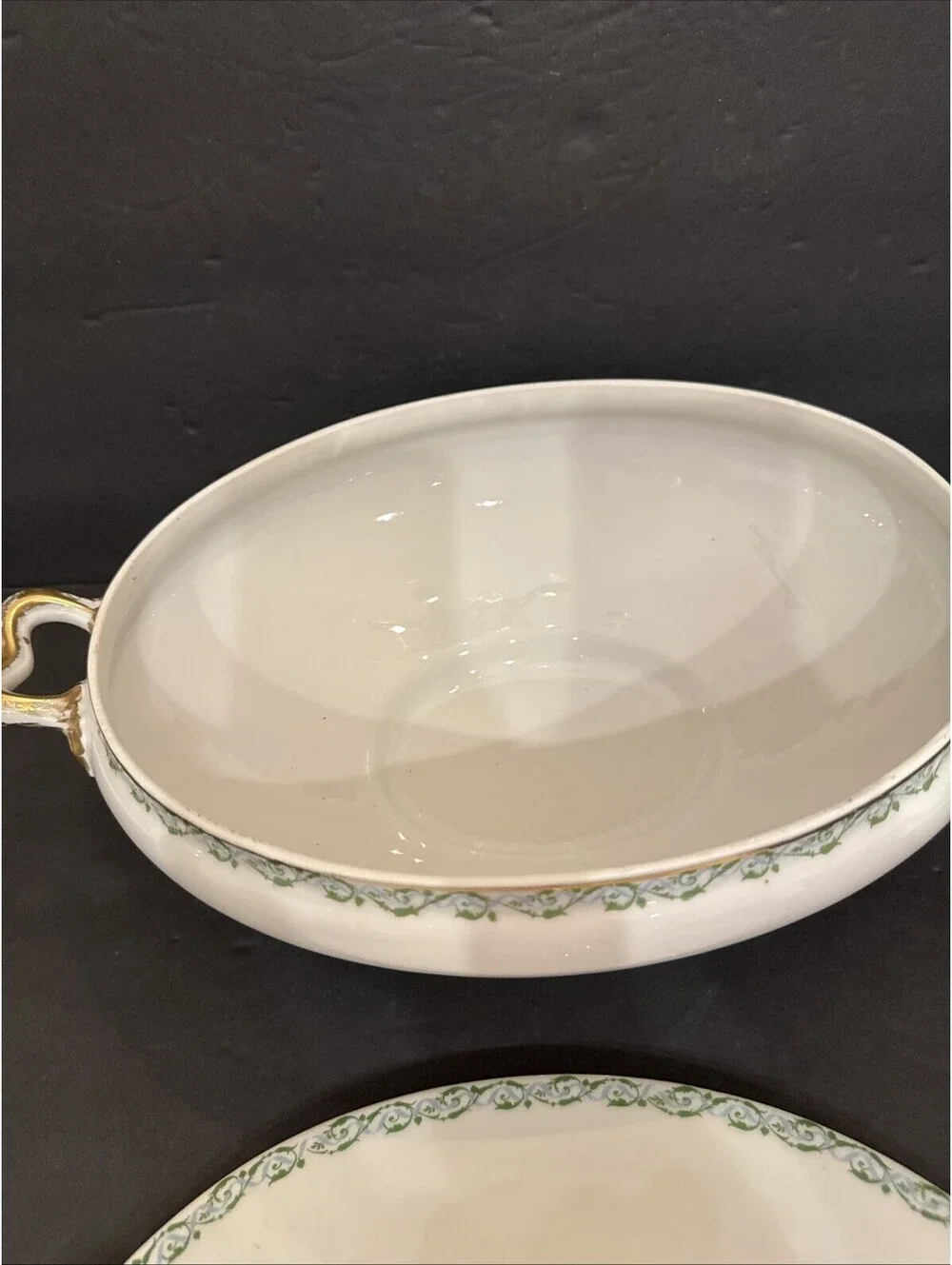 Wm Guerin & Co Limoges Covered Serving Bowl Tureen W Lid Green Blue  Swirl Gold